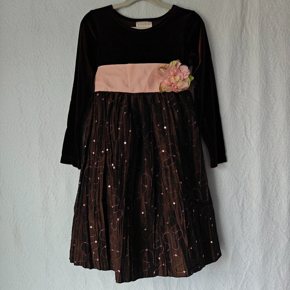 JENNY & ME Girls Long sleeve Velvet and Taffeta Holiday Dress Brown Pink Size 6X